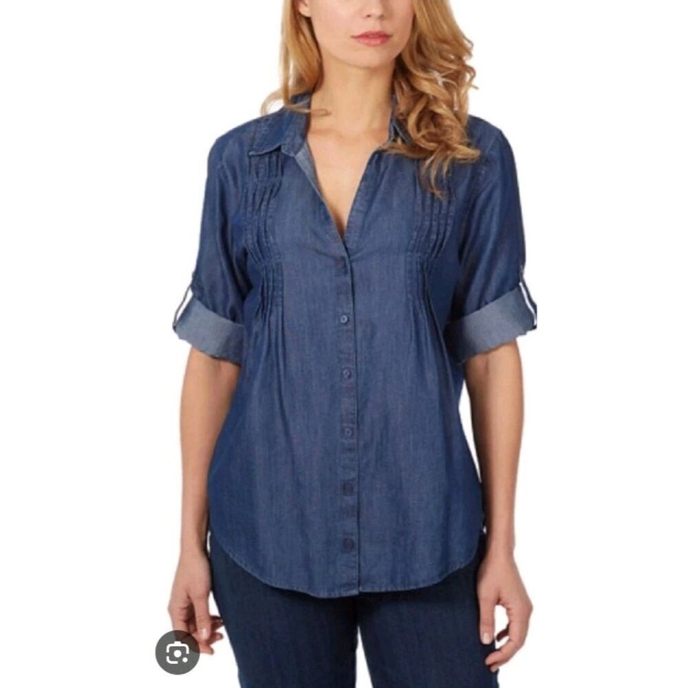 Gloria Vanderbilt Petite Medium Pintucked Peasant Chambray Prairie Blouse Top